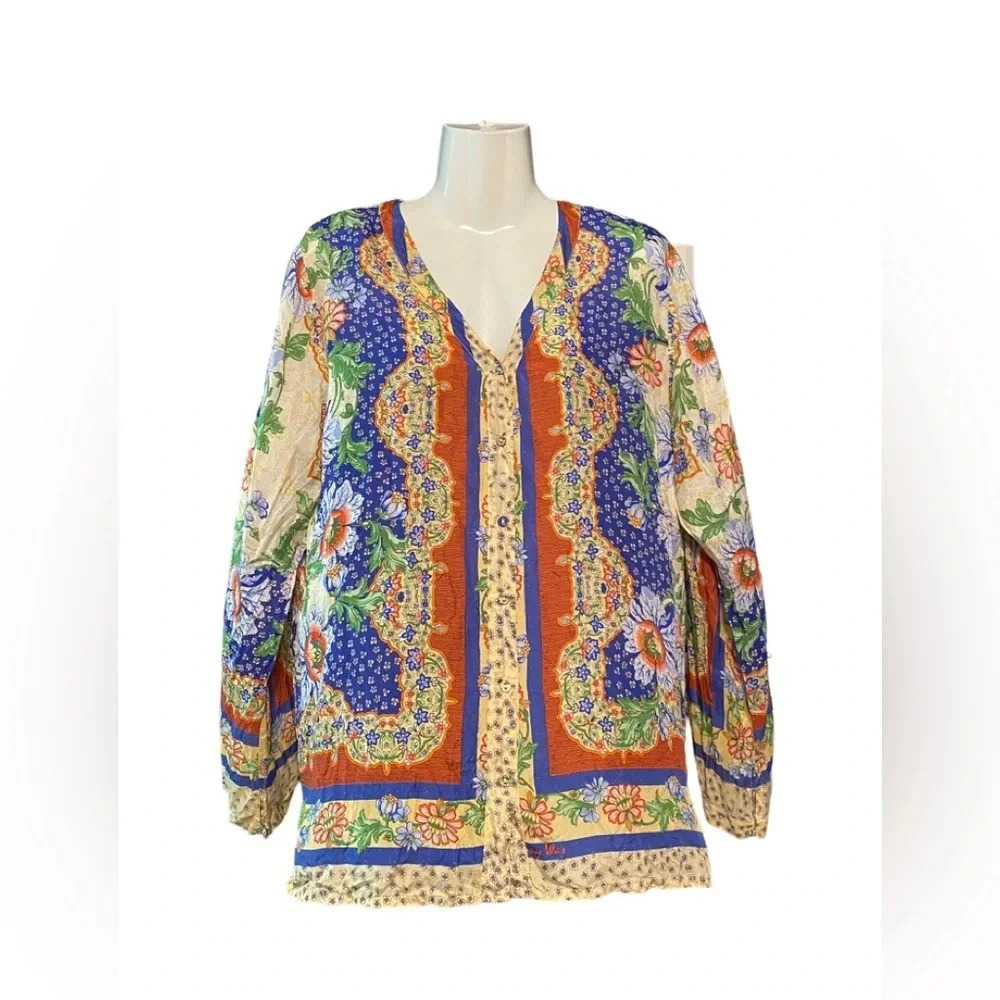 Johnny Was Floral 100% Silk Long Line Button Down Top